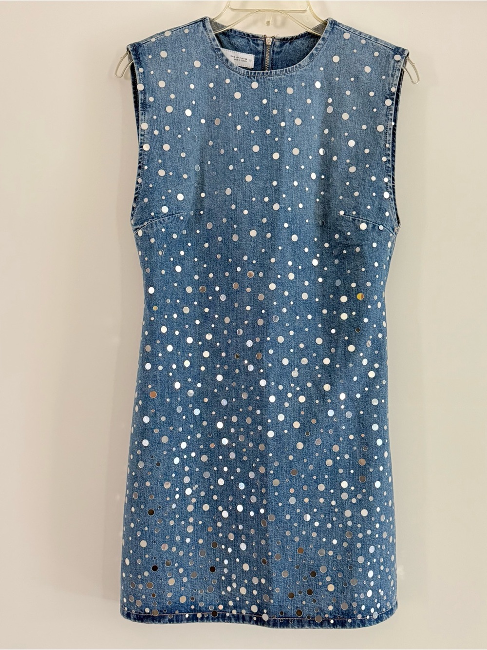 Zara Blue Denim Mini Dress with Silver Mirror Dot Embellishments